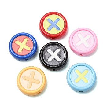 Two Tone Baking Paint Acrylic Beads, Flat Round & Cross Pattern, Mixed Color, 20x6mm, Hole: 2.3mm