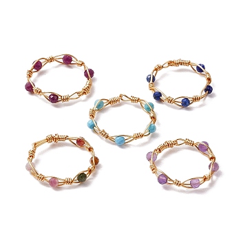 Round Natural Ruby & Magnesite & Tourmaline & Amethyst & Lapis Lazuli Finger Ring, Copper Wire Wrapped Ring for Women, 4mm, Inner Diameter: 20mm, 5pcs/set