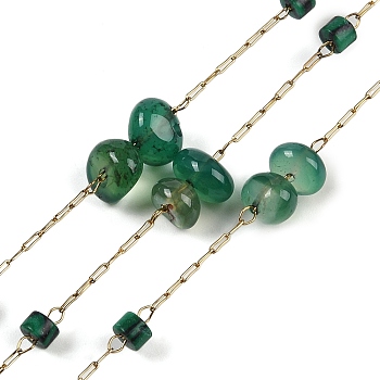 Ion Plating(IP) 316 Surgical Stainless Steel Chains, with Natural Dyed & Heated Green Onyx Agate, with Spool, Soldered, 2.5x0.9x0.2mm