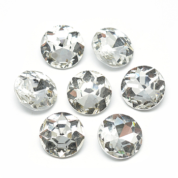 Pointed Back Glass Rhinestone Cabochons, Back Plated, Faceted, Flat Round, Clear, 18x7.3mm