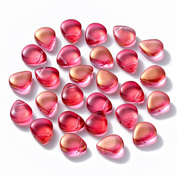 Transparent Spray Painted Glass Beads, Top Drilled Beads, with Glitter Powder, Teardrop, Crimson, 12.5x10.5x5.5mm, Hole: 0.9mm