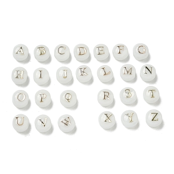 26Pcs Transparency Glass Beads, Flat Round with Alphabet A~Z, White, 8x7.5x6.5mm, Hole: 1.5mm