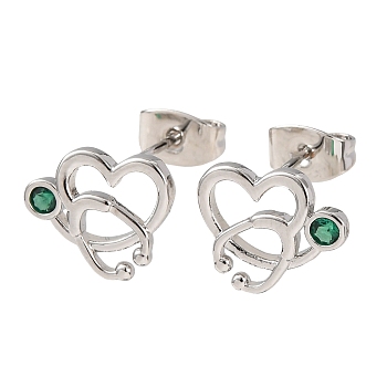Brass Micro Pave Green Cubic Zirconia Stud Earrings for Women, Heart with Stethoscope, Stainless Steel Color, 9.5x11.5mm