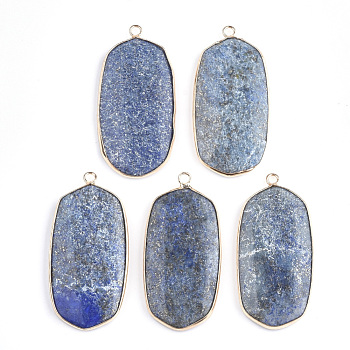 Natural Lapis Lazuli Pendants, with Brass Findings, Dyed, Oval, Golden, 47x23x4mm, Hole: 2mm