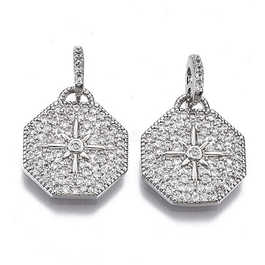Real Platinum Plated Clear Octagon Brass+Cubic Zirconia Pendants