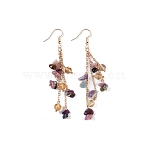 Golden Plated Brass Dangle Earrings, with Natural Red Jasper Chips, Jewely for Women, 80~84mm(EJEW-K275-01G-03)