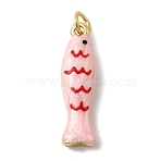 Brass Enamel Pendants, Fish, Long-Lasting Plated, Rack Plating, with Jump Ring, Golden, Pink, 24.5x7.5x5.5mm, Hole: 3.5mm(X-KK-H092-08G-01)
