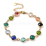 Colorful Glass Link Chain Bracelets, with Golden Brass Chains, Flat Round, 7-5/8 inch(19.5cm)~7-7/8 inch(20cm), 59mm extender(BJEW-B075-02)