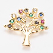 Brass Micro Pave Cubic Zirconia Links, Tree, Colorful, Golden, 25x26x2mm, Hole: 1mm(KK-I614-042G)