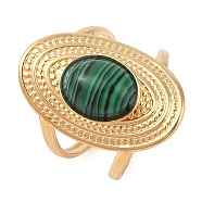 Oval Natural Malachite Finger Rings, Ion Plating(IP) 304 Stainless Steel Cuff Rings for Women, Soldered, Real 14K Gold Plated, 24mm, Gemstone: 11.5x9.5mm, Adjustable(RJEW-Z057-14G-02)