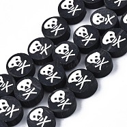 Handmade Polymer Clay Bead Strands, Halloween Style, Flat Round with Skull, Black, 9x4mm, Hole: 1.2mm, about 40pcs/strand, 14.96 inch(38cm)(CLAY-S096-034)