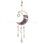 Wire Wrapped Natural Amethyst Chip & Brass Moon Pendant Decorations, with Glass Cone Charms, for Home Decorations, 420mm(HJEW-JM01504-02)