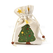 Christmas Theme Cotton Fabric Cloth Bag, Drawstring Bags, for Christmas Party Snack Gift Ornaments, Tree Pattern, 22x15cm(ABAG-H104-A01)