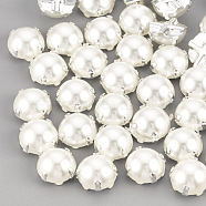 ABS Plastic Imitation Pearl Shank Buttons, with Brass Findings, Half Round, Creamy White, Silver Color Plated, 8x8x5mm, Hole: 1mm(BUTT-T002-8mm-01S)