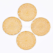 Polycotton(Polyester Cotton) Woven Pendant Decorations, with Brass Findings, Flat Round with Flower, Light Gold, Gold, 50x1mm(FIND-Q078-14G)