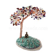 Natural Gemstone Tree Display Decoration, Buddha Statue on Agate Slice Base Feng Shui Ornament for Wealth, Luck, Rose Gold Brass Wires Wrapped, 92~105x141~148x151~155mm(DJEW-G027-02RG-02)