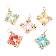 Natural Dyed Freshwater Shell Pendants, Rhombus Charms with Golden Plated Brass Round Spacer Beads, Mixed Color, 21.5~22x16.5~17x4mm, Hole: 2.5mm(PALLOY-JF02129)