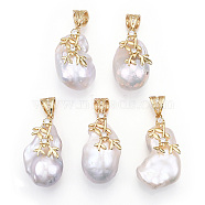 Natural Baroque Pearl Keshi Pearl Pendants, Brass Micro Pave Clear Cubic Zirconia Nuggets Charms with Snap On Bails, Lead Free & Nickel Free & Cadmium Free, Long-Lasting Plated, Real 18K Gold Plated, 31~37x17.5~20.5x13~17mm, Hole: 8x5mm(PEAR-N020-J25)