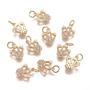 Brass Micro Pave Cubic Zirconia Charms, with Acrylic Beads, Long-Lasting Plated, Crown, Golden, 13x10x3mm, Hole: 3.5mm(KK-K238-11G)