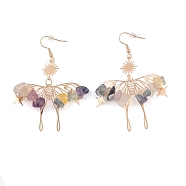 Natural Fluorite Chips Dangle Earrings, Bohemian Hollow Butterfly Brass Jewelry for Women, 75x46mm(EJEW-S214-01I)