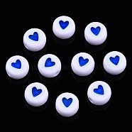 Opaque Acrylic Beads, with Enamel, Flat Round with Heart, Medium Blue, 7x3.5mm, Hole: 1.2mm, about 3600~3700pcs/500g(MACR-N008-57B)