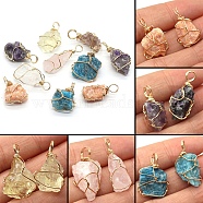 Raw Rough Natural Mixed Gemstone Pendants, Nuggets Charms with Golden Plated Copper Wire Wrapped, 18~30x12~22mm(FIND-PW0020-04)