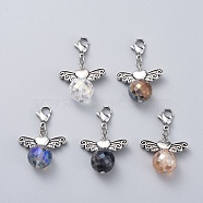 Alloy Pendants, with Faceted Glass Beads and 304 Stainless Steel Lobster Claw Clasps, Wing, Mixed Color, 35mm(HJEW-JM00363-M)