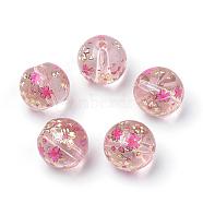 Printed Glass Beads, Round with Flower Pattern, Pink, 11~12x11mm, Hole: 1.5mm(GFB-Q001-12mm-E02)