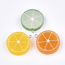 Resin Pendants, with Platinum Plated Iron Findings, Imitation Food, Lemon, Mixed Color, 36~38x32~33x9~9.5mm, Hole: 2mm(X-RESI-T028-59)