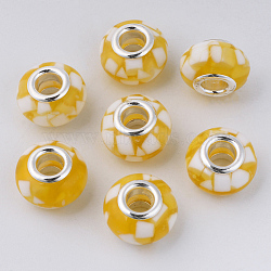 Resin European Beads, Large Hole Beads, with Platinum Tone Brass Double Cores, Rondelle, Gold, 14x9mm, Hole: 5mm(RPDL-N015-01B)