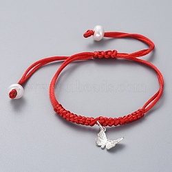 Adjustable Braided Bead Bracelets, with Nylon Threads, Natural Freshwater Pearl Beads and 925 Sterling Silver Charms, Cardboard Boxes, Butterfly, Silver, 5/8 inch~3-1/2 inch(1.6~9cm)(BJEW-JB04866-05)