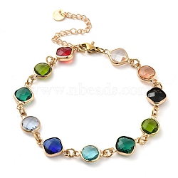 Colorful Glass Link Chain Bracelets, with Golden Brass Chains, Flat Round, 9-7/8 inch(25.2cm), 59mm extender(BJEW-B075-02)