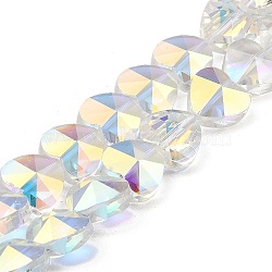 Electroplate Transparent Glass Beads Strands, Rainbow Plated, Faceted, Heart, Clear AB, 13.5~14x14x9mm, Hole: 1mm, about 31pcs/strand, 15.75 inch(40cm)(GLAA-C029-04)
