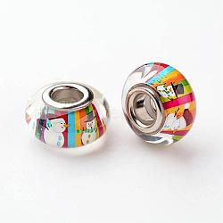 Large Hole Rondelle Resin European Beads, with Platinum Tone Brass Double Cores, Christmas, Colorful, 14x8mm, Hole: 5mm(RPDL-H003-10)