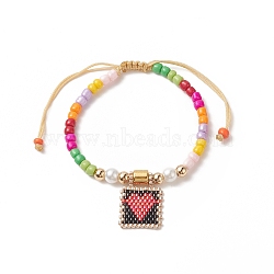 Glass Seed Braided Bead Bracelet, Rectangle with Heart Charm Bracelet for Women, Black, Inner Diameter: 2~3-1/8 inch(5~8cm)(BJEW-MZ00025-01)