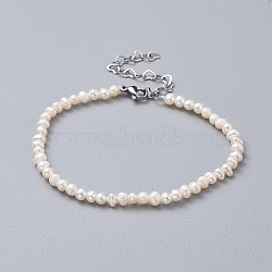 Natural Freshwater Pearl Beads Bracelets, with 304 Stainless Steel Extender Chains and Burlap Packing Pouches Drawstring Bags, White, 7-1/2 inch(19.2cm)(X-BJEW-JB04618)