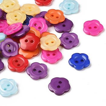 Resin Buttons, Dyed, Flower, Mixed Color, 15x3mm, Hole: 1mm