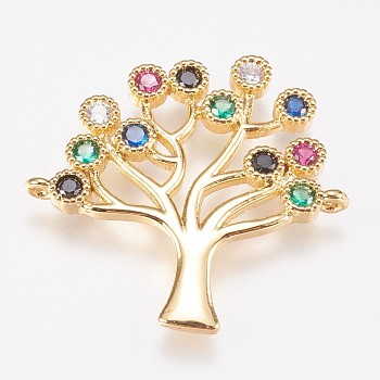 Brass Micro Pave Cubic Zirconia Links, Tree, Colorful, Golden, 25x26x2mm, Hole: 1mm