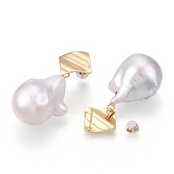Natural Baroque Keshi Pearl Dangle Stud Earrings, Brass Twist Rhombus
 Earrings with 925 Sterling Silver Pins, Cadmium Free & Nickel Free & Lead Free, Real 18K Gold Plated, 17.5x17.5mm, Pin: 0.8mm