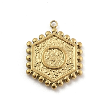 201 Stainless Steel Pendants, Golden, Hexagon with Letter Charm, Letter O, 21x16.5x2mm, Hole: 1.5mm