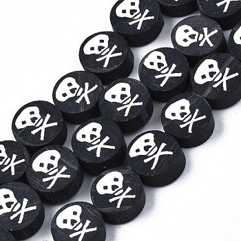 Handmade Polymer Clay Bead Strands, Halloween Style, Flat Round with Skull, Black, 9x4mm, Hole: 1.2mm, about 40pcs/strand, 14.96 inch(38cm)