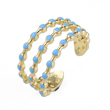 Enamel Triple Line Open Cuff Ring, Real 18K Gold Plated Brass Jewelry for Women, Nickel Free, Deep Sky Blue, US Size 7 1/4(17.5mm)