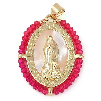 Brass Micro Pave Cubic Zirconia Pendants, with Shell, Long-Lasting Plated, Lead Free & Cadmium Free, Real 18K Gold Plated, Oval with Virgin Mary, Crimson, 31.5x23.5x4mm, Hole: 4x3mm