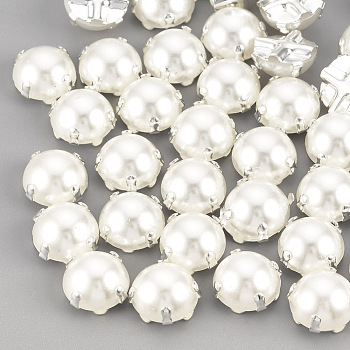 ABS Plastic Imitation Pearl Shank Buttons, with Brass Findings, Half Round, Creamy White, Silver Color Plated, 8x8x5mm, Hole: 1mm