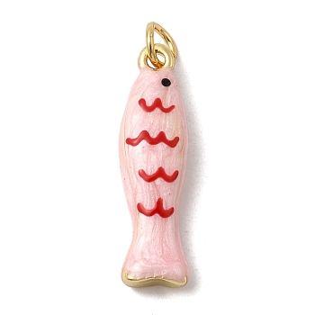 Brass Enamel Pendants, Fish, Long-Lasting Plated, Rack Plating, with Jump Ring, Golden, Pink, 24.5x7.5x5.5mm, Hole: 3.5mm