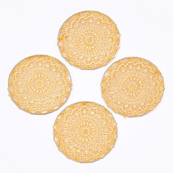 Polycotton(Polyester Cotton) Woven Pendant Decorations, with Brass Findings, Flat Round with Flower, Light Gold, Gold, 50x1mm