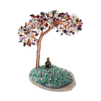 Natural Gemstone Tree Display Decoration, Buddha Statue on Agate Slice Base Feng Shui Ornament for Wealth, Luck, Rose Gold Brass Wires Wrapped, 92~105x141~148x151~155mm