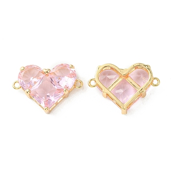 Brass Pave Cubic Zirconia Connector Charms, Heart Links, Real 18K Gold Plated, Pink, 18.5x26x7.5mm, Hole: 1.6mm