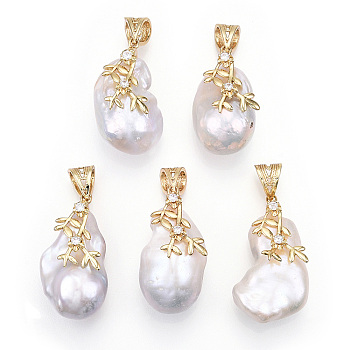 Natural Baroque Pearl Keshi Pearl Pendants, Brass Micro Pave Clear Cubic Zirconia Nuggets Charms with Snap On Bails, Lead Free & Nickel Free & Cadmium Free, Long-Lasting Plated, Real 18K Gold Plated, 31~37x17.5~20.5x13~17mm, Hole: 8x5mm