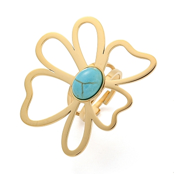 Flower 304 Stainless Steel Adjustable Rings for Women, with Synthetic Turquoise Beads,, Golden, Inner Diameter: 16mm